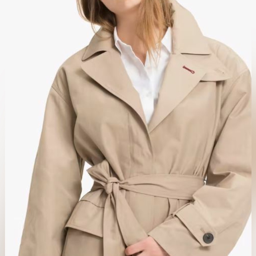 Beige Trench Coat with Belted Waist and Notched Lapel